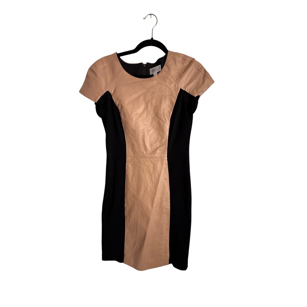 Vakko‎ New York Dress Size 8 Black Beige Leather Sheath Cocktail Party